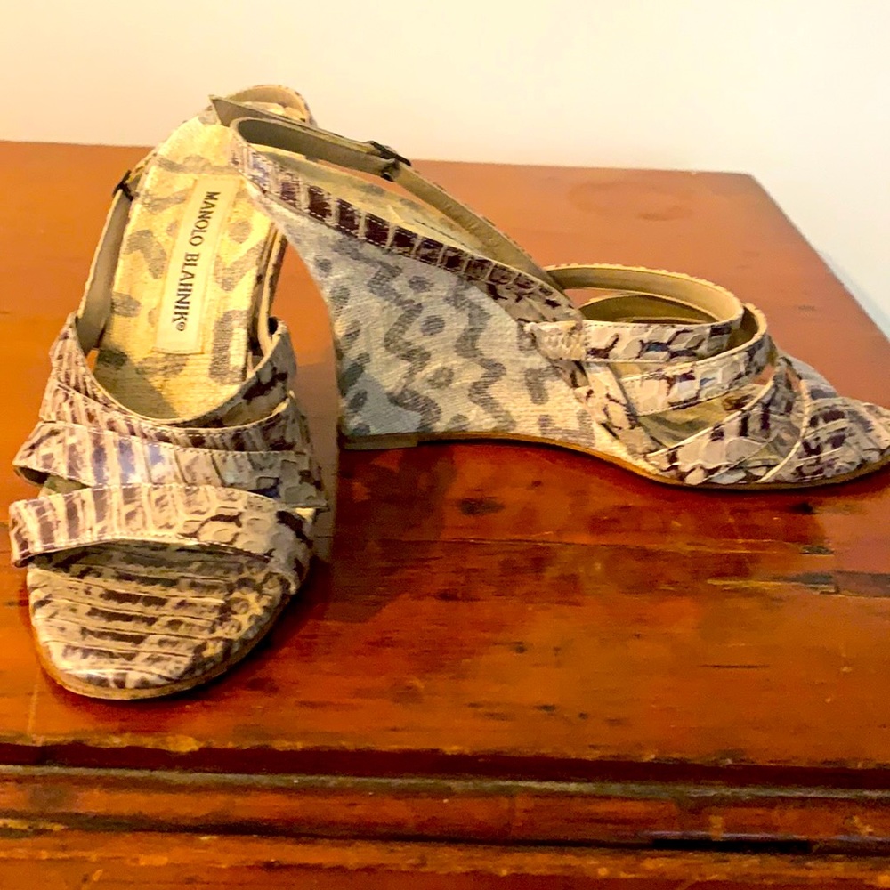 Manolo Blahnik snakeskin sling back wedge sandals